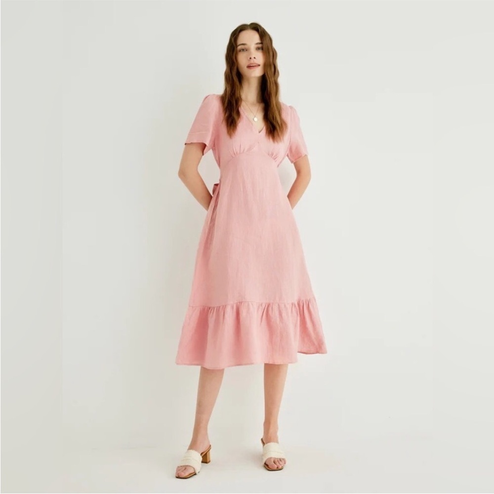 NWTs Grae Cove Soft Pink linen belted ruffle trim Cottage-core midi dress Large
